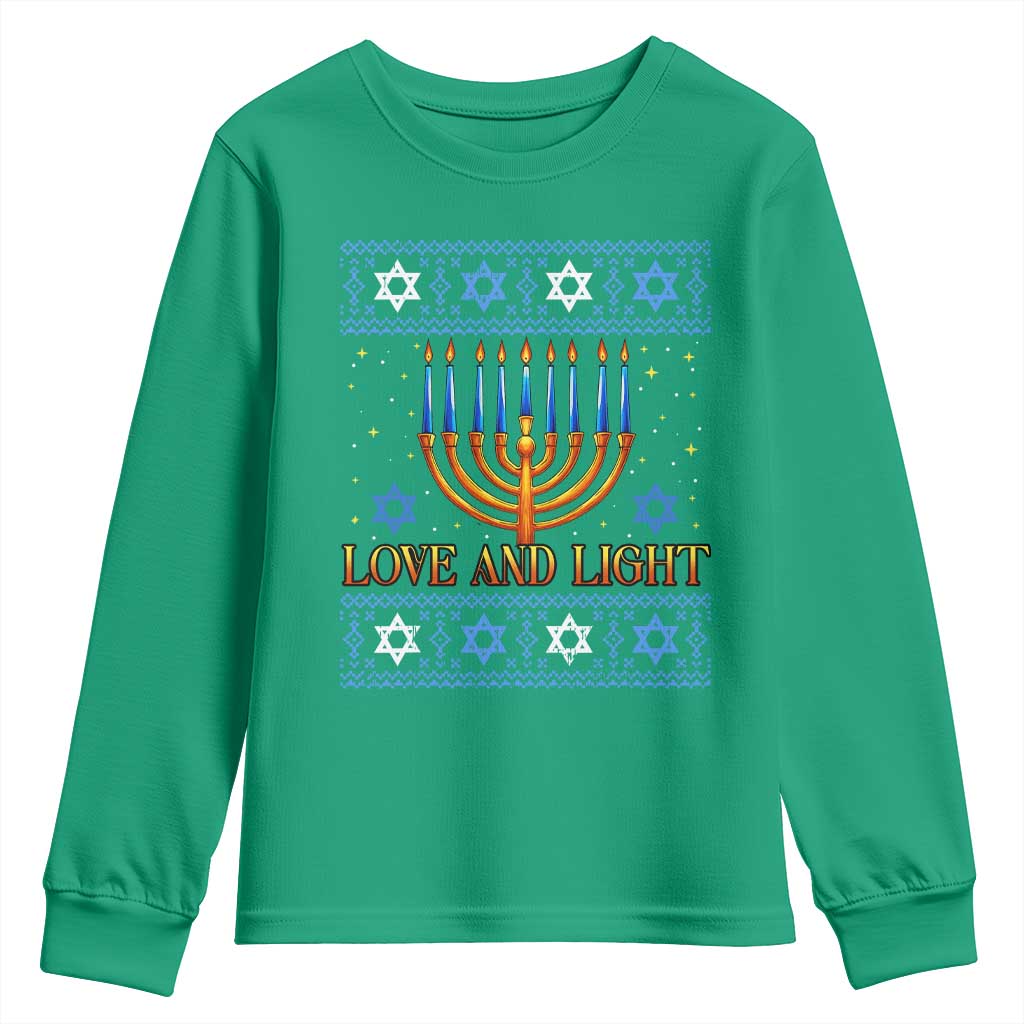 Ugly Hanukkah Youth Sweatshirt Love and Light Jew Menorah Jewish Chanukah - Wonder Print Shop