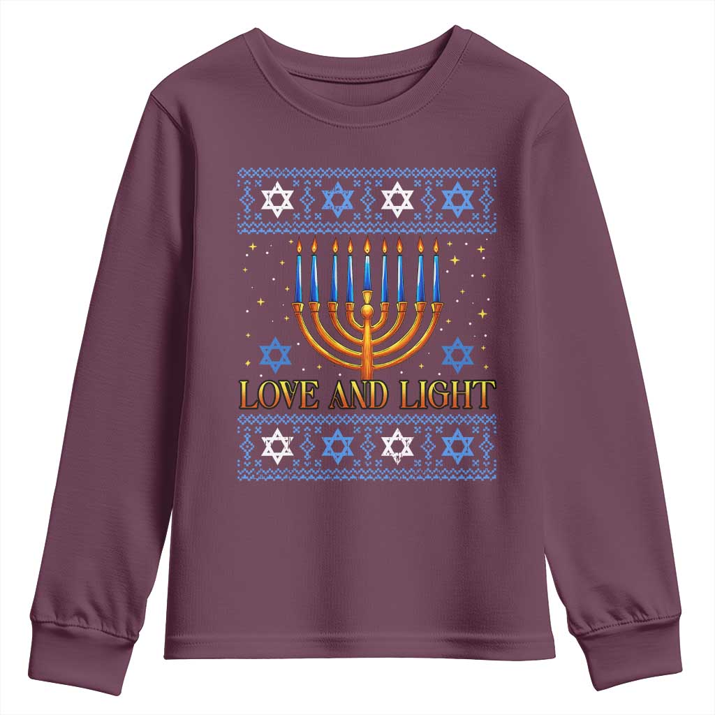 Ugly Hanukkah Youth Sweatshirt Love and Light Jew Menorah Jewish Chanukah - Wonder Print Shop