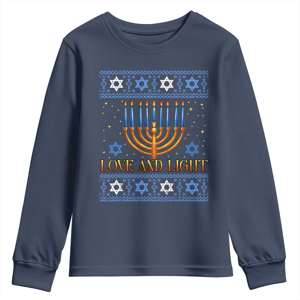 Ugly Hanukkah Youth Sweatshirt Love and Light Jew Menorah Jewish Chanukah - Wonder Print Shop