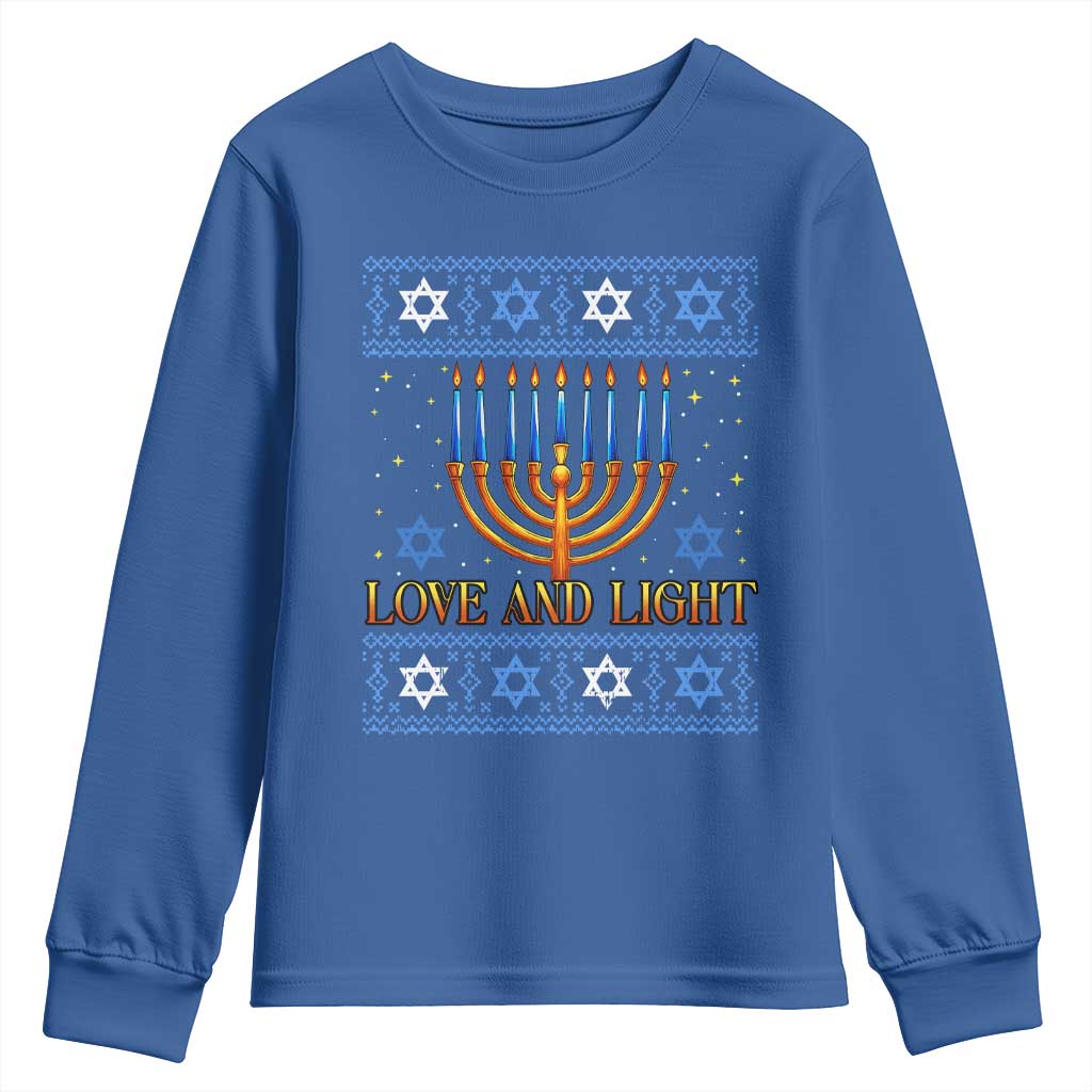 Ugly Hanukkah Youth Sweatshirt Love and Light Jew Menorah Jewish Chanukah - Wonder Print Shop