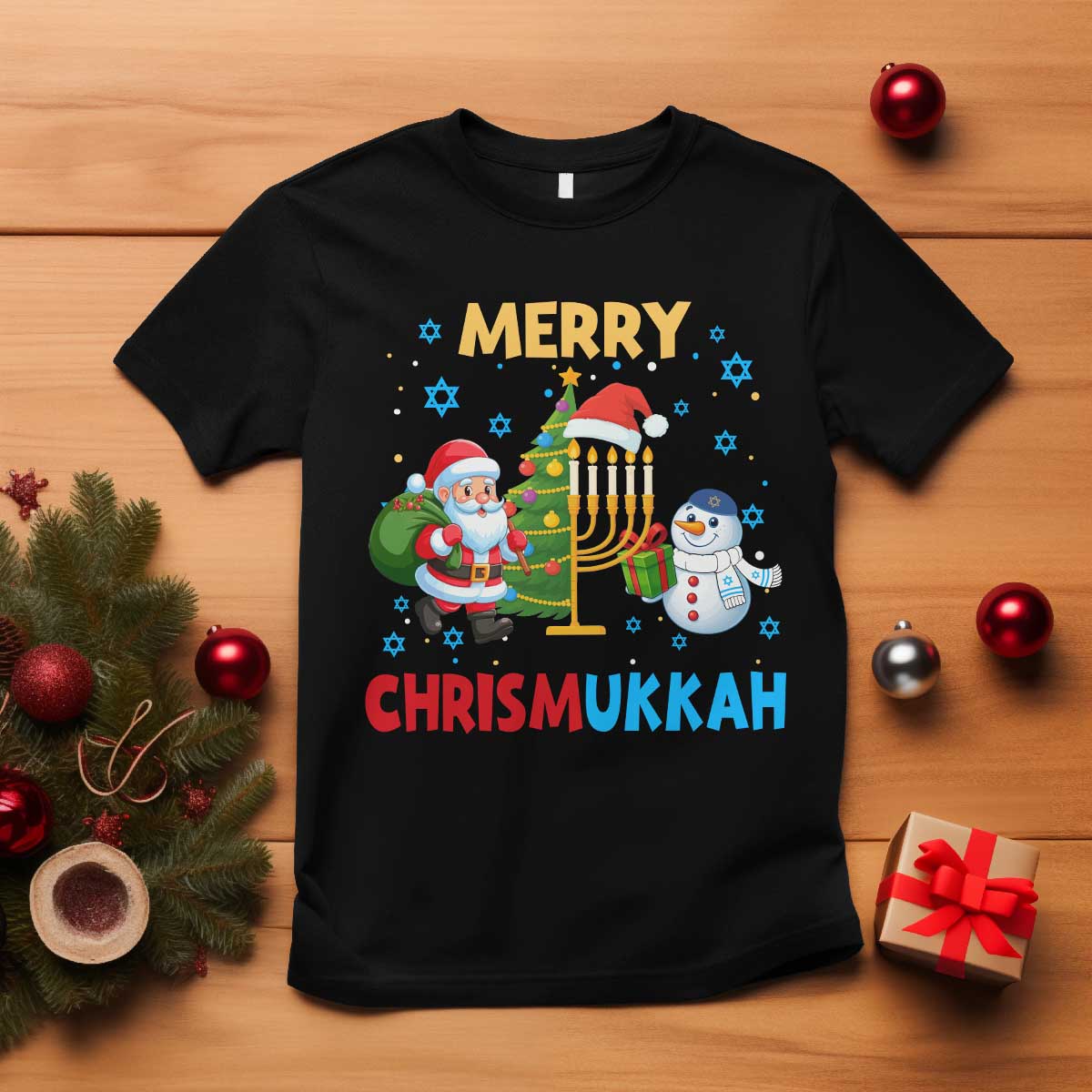 Merry Chrismukkah T Shirt Happy Christmas Hanukkah Jewish Santa Snowman - Wonder Print Shop