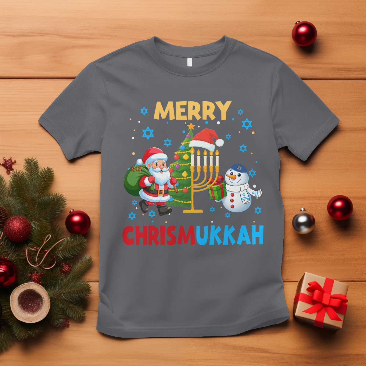 Merry Chrismukkah T Shirt Happy Christmas Hanukkah Jewish Santa Snowman - Wonder Print Shop