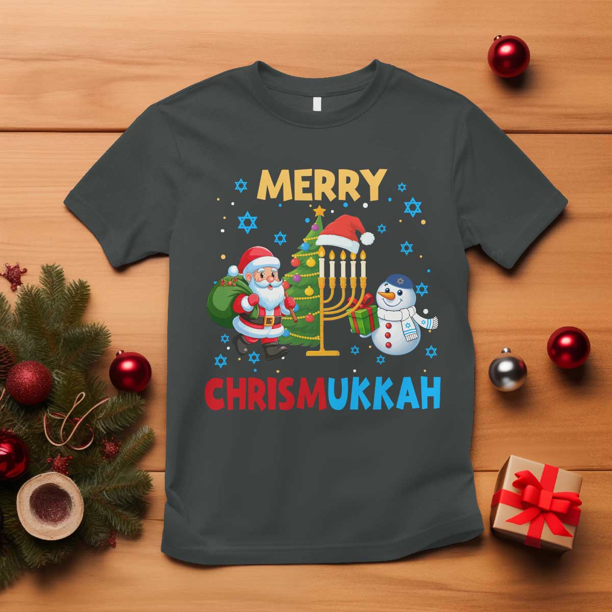 Merry Chrismukkah T Shirt Happy Christmas Hanukkah Jewish Santa Snowman - Wonder Print Shop