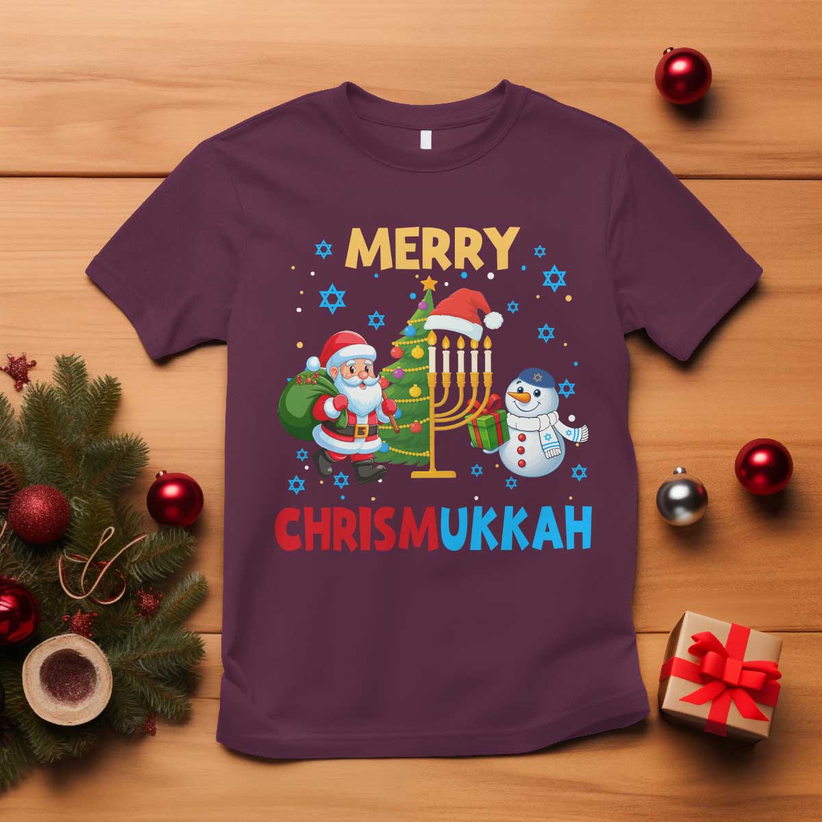Merry Chrismukkah T Shirt Happy Christmas Hanukkah Jewish Santa Snowman - Wonder Print Shop