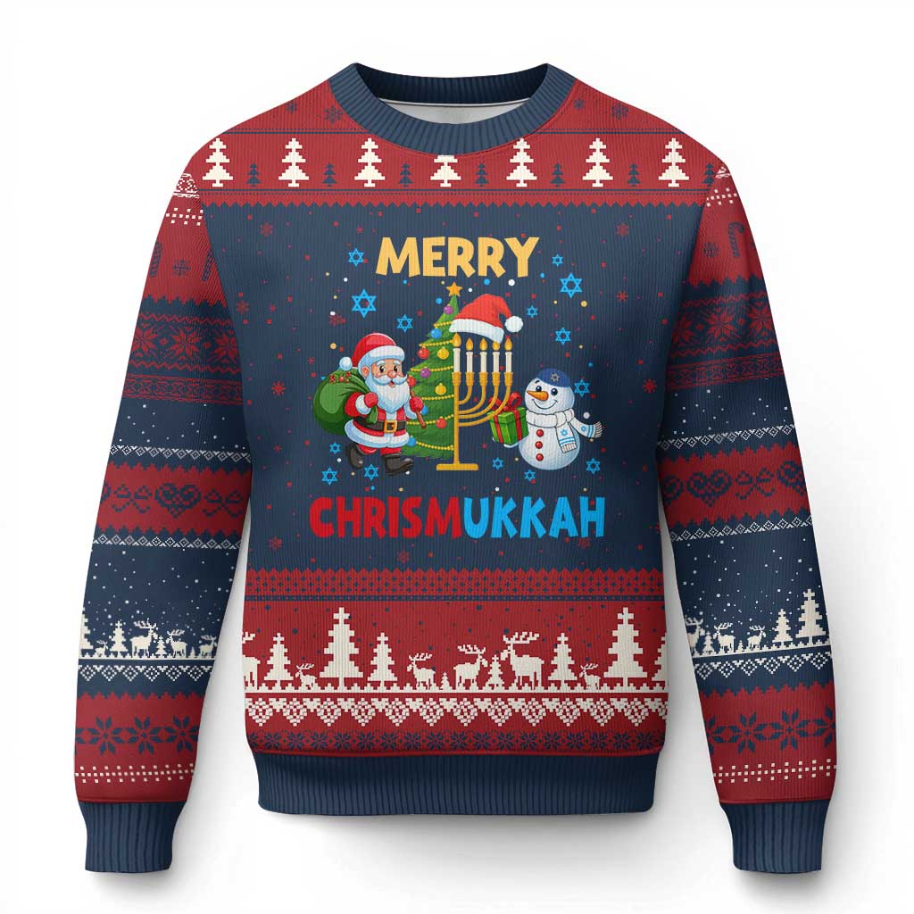 Merry Chrismukkah Ugly Christmas Sweater Happy Xmas Hanukkah Jewish Santa Snowman - Wonder Print Shop