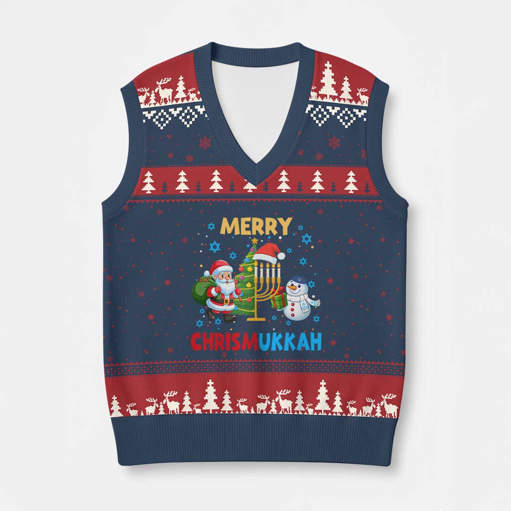 Merry Chrismukkah V-Neck Knit Sweater Vest Happy Xmas Hanukkah Jewish Santa Snowman - Wonder Print Shop
