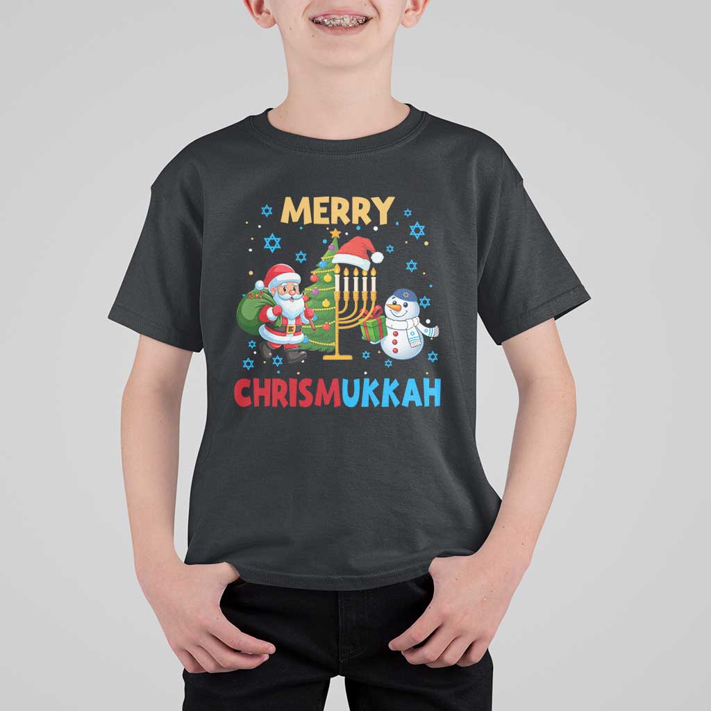Merry Chrismukkah T Shirt For Kid Happy Christmas Hanukkah Jewish Santa Snowman - Wonder Print Shop