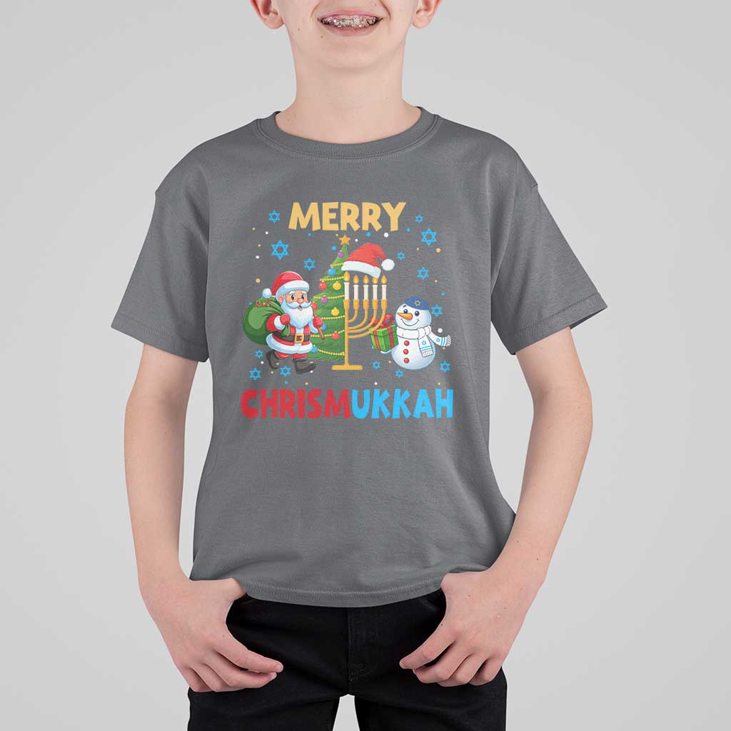 Merry Chrismukkah T Shirt For Kid Happy Christmas Hanukkah Jewish Santa Snowman - Wonder Print Shop