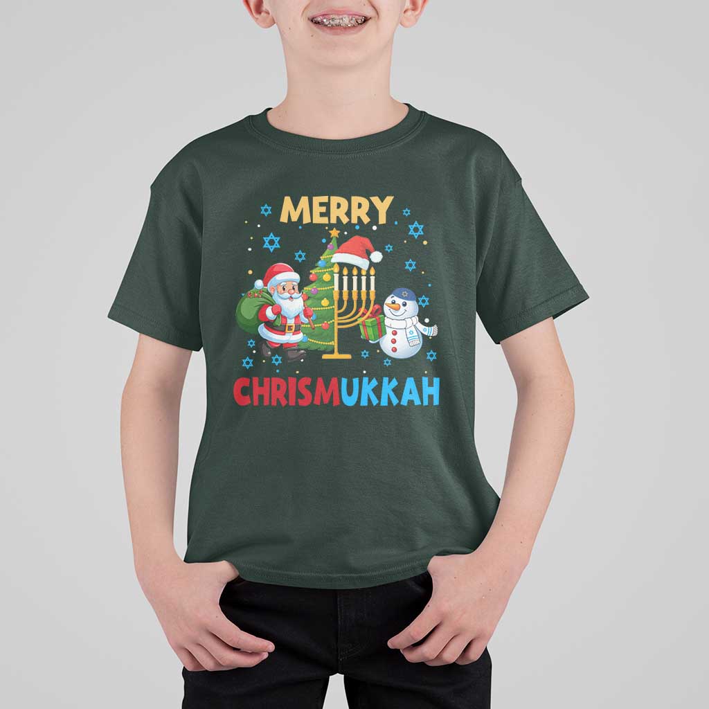 Merry Chrismukkah T Shirt For Kid Happy Christmas Hanukkah Jewish Santa Snowman - Wonder Print Shop