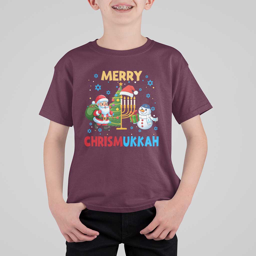 Merry Chrismukkah T Shirt For Kid Happy Christmas Hanukkah Jewish Santa Snowman - Wonder Print Shop