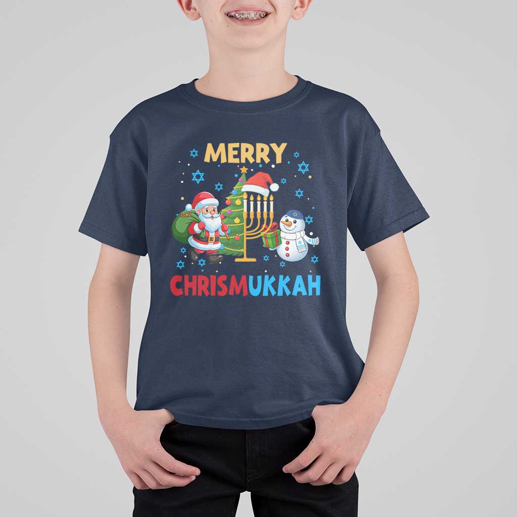 Merry Chrismukkah T Shirt For Kid Happy Christmas Hanukkah Jewish Santa Snowman - Wonder Print Shop
