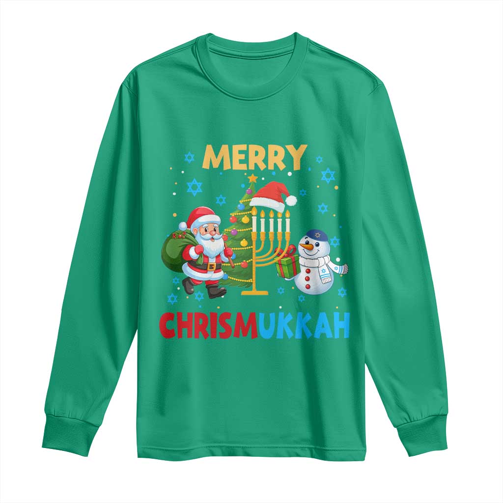 Merry Chrismukkah Long Sleeve Shirt Happy Christmas Hanukkah Jewish Santa Snowman - Wonder Print Shop