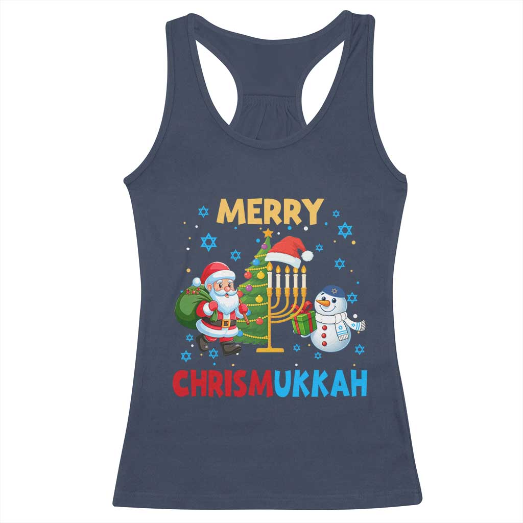 Merry Chrismukkah Racerback Tank Top Happy Christmas Hanukkah Jewish Santa Snowman - Wonder Print Shop