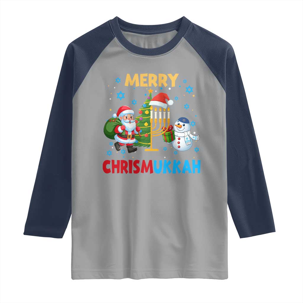 Merry Chrismukkah Raglan Shirt Happy Christmas Hanukkah Jewish Santa Snowman - Wonder Print Shop