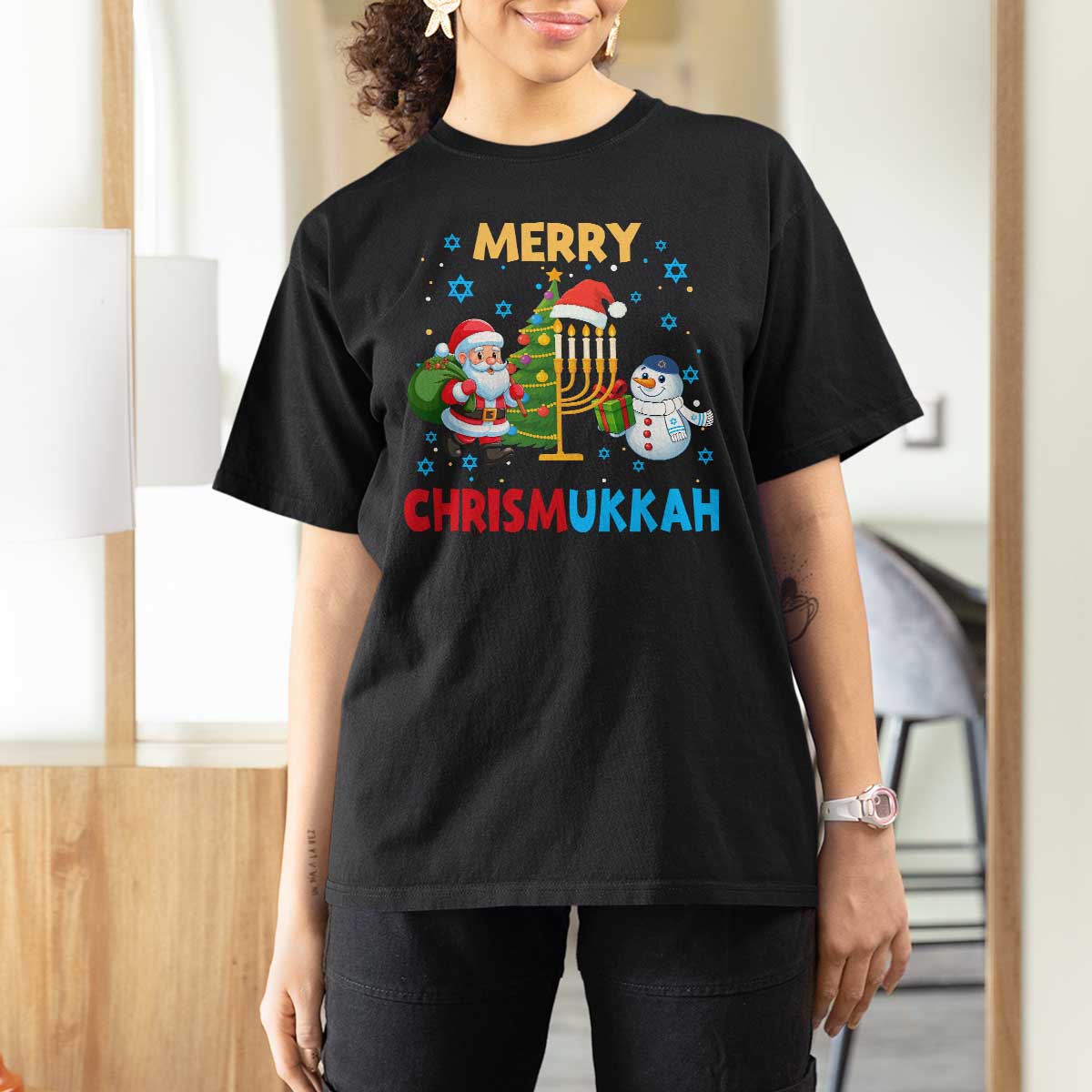 Merry Chrismukkah T Shirt For Women Happy Christmas Hanukkah Jewish Santa Snowman - Wonder Print Shop