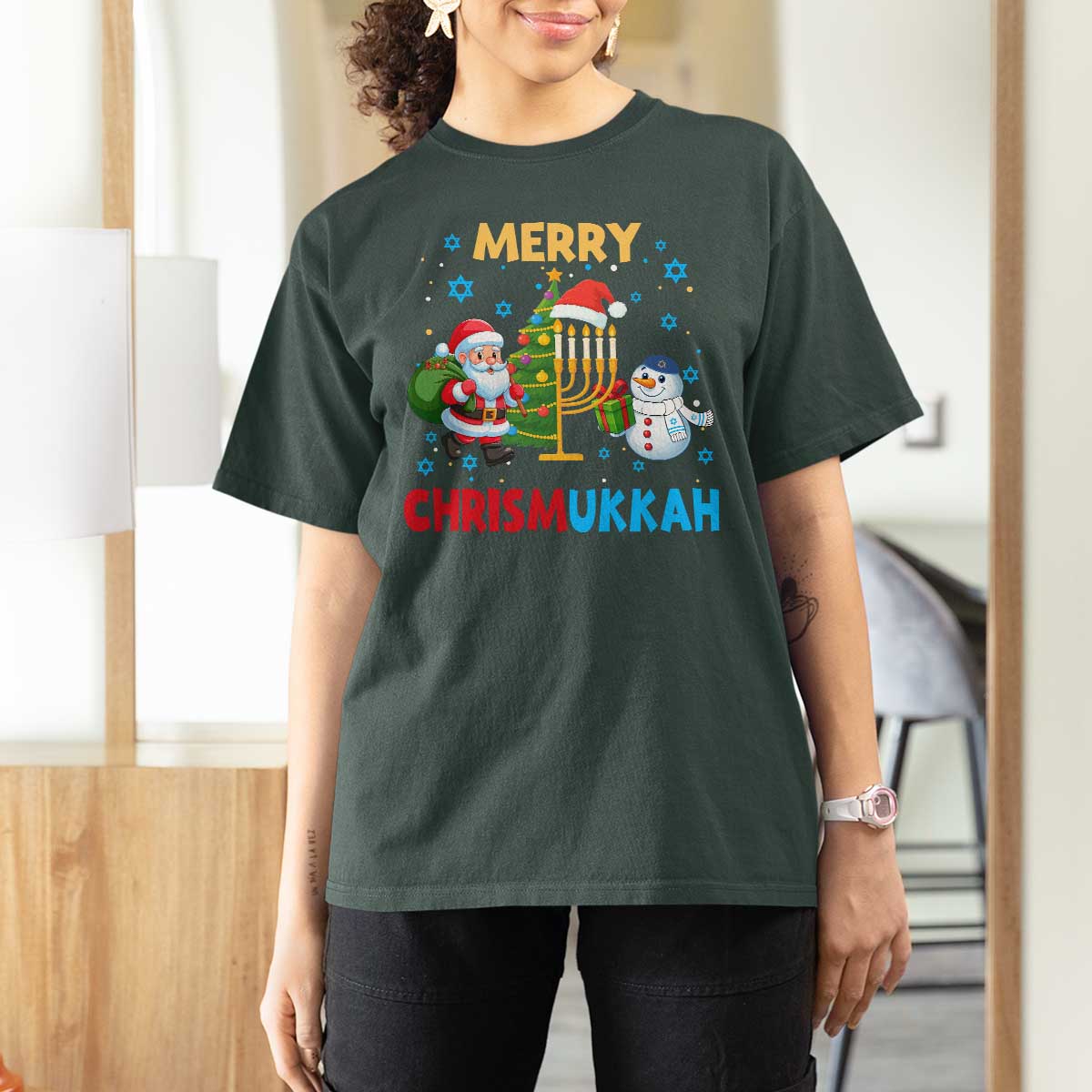 Merry Chrismukkah T Shirt For Women Happy Christmas Hanukkah Jewish Santa Snowman - Wonder Print Shop
