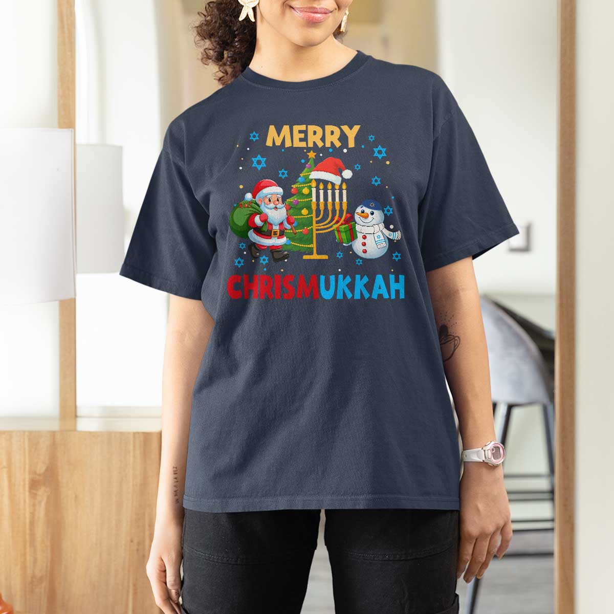 Merry Chrismukkah T Shirt For Women Happy Christmas Hanukkah Jewish Santa Snowman - Wonder Print Shop