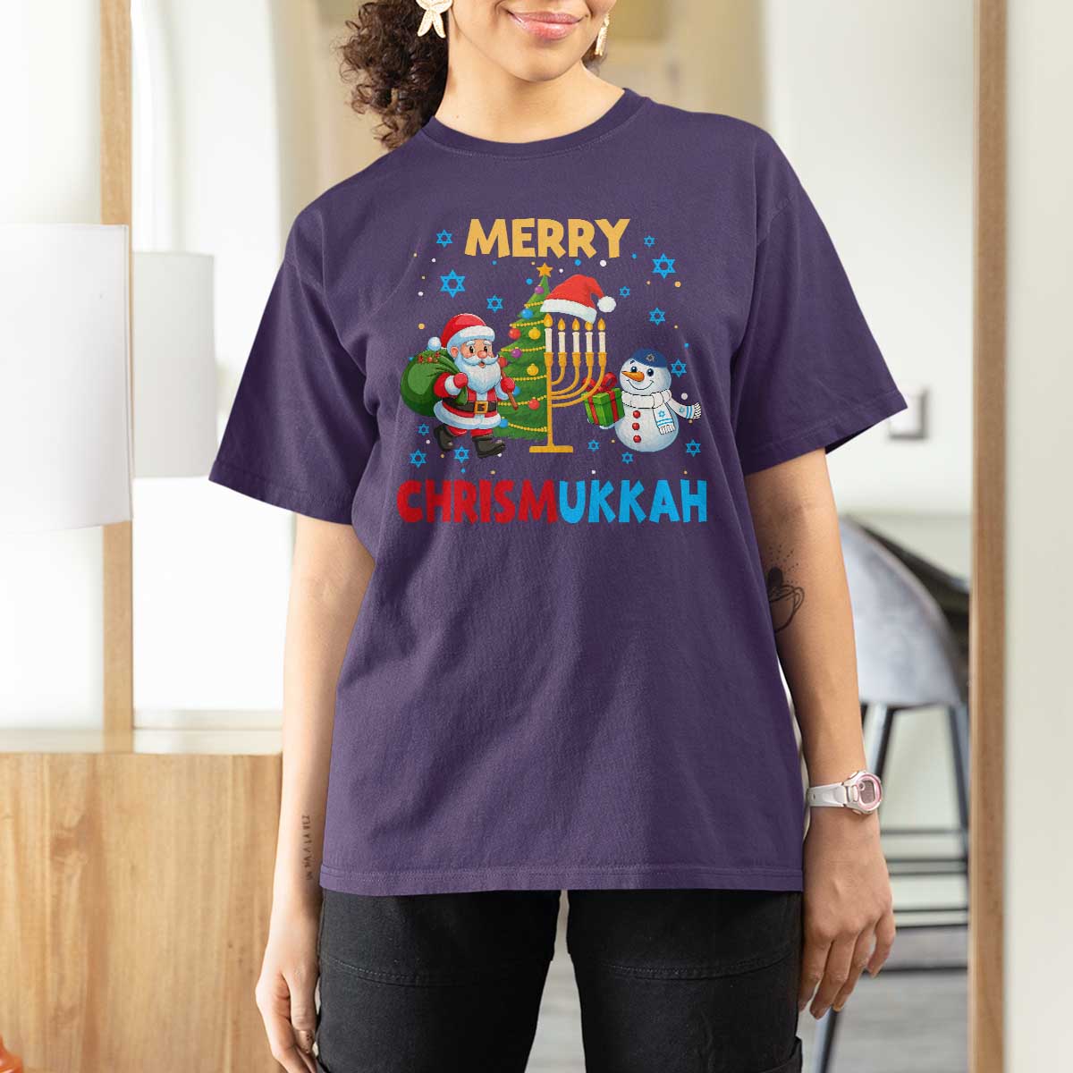Merry Chrismukkah T Shirt For Women Happy Christmas Hanukkah Jewish Santa Snowman - Wonder Print Shop