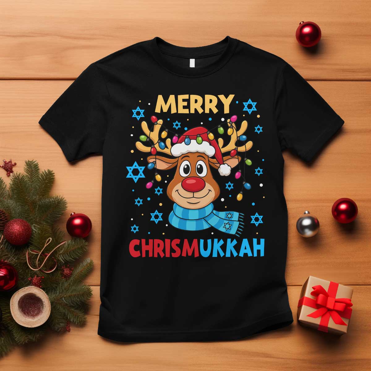 Merry Chrismukkah T Shirt Jewish Happy Christmas Hanukkah Reindeer Menorah - Wonder Print Shop