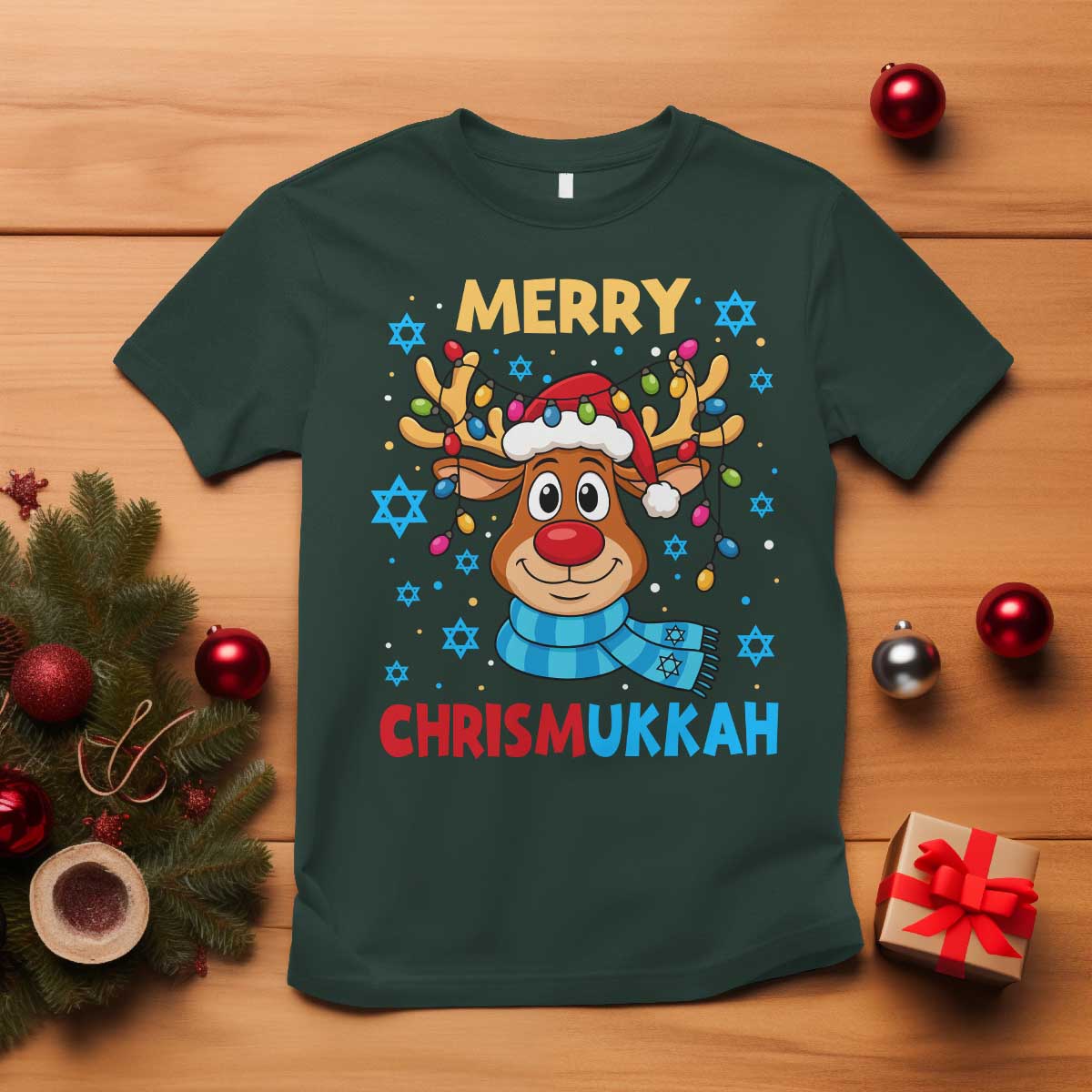 Merry Chrismukkah T Shirt Jewish Happy Christmas Hanukkah Reindeer Menorah - Wonder Print Shop