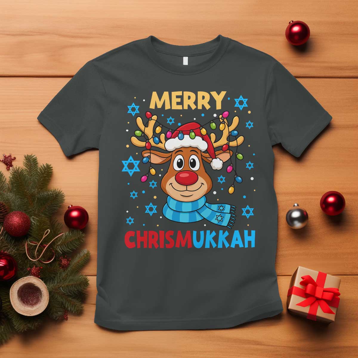Merry Chrismukkah T Shirt Jewish Happy Christmas Hanukkah Reindeer Menorah - Wonder Print Shop