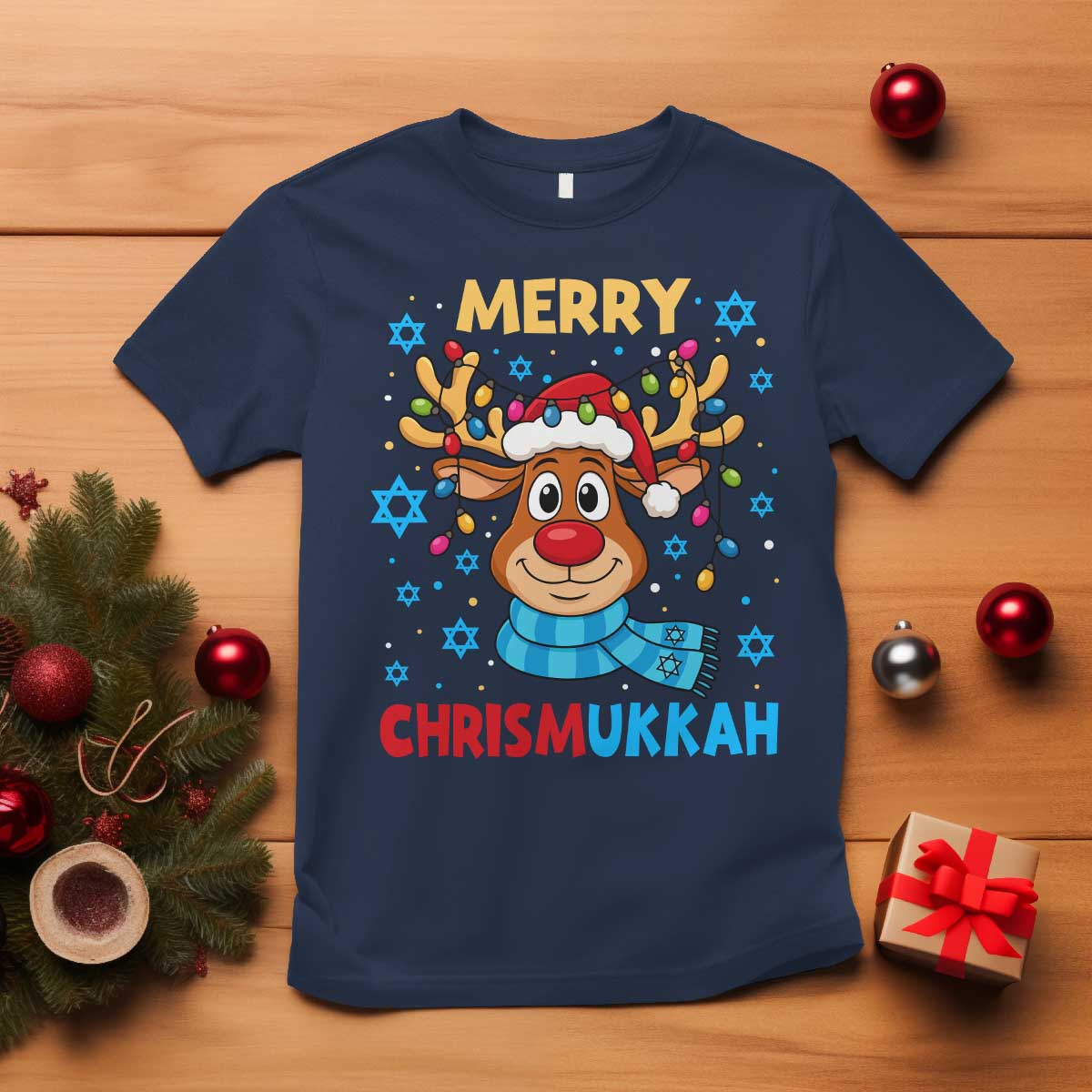 Merry Chrismukkah T Shirt Jewish Happy Christmas Hanukkah Reindeer Menorah - Wonder Print Shop
