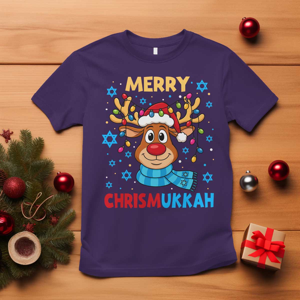 Merry Chrismukkah T Shirt Jewish Happy Christmas Hanukkah Reindeer Menorah - Wonder Print Shop