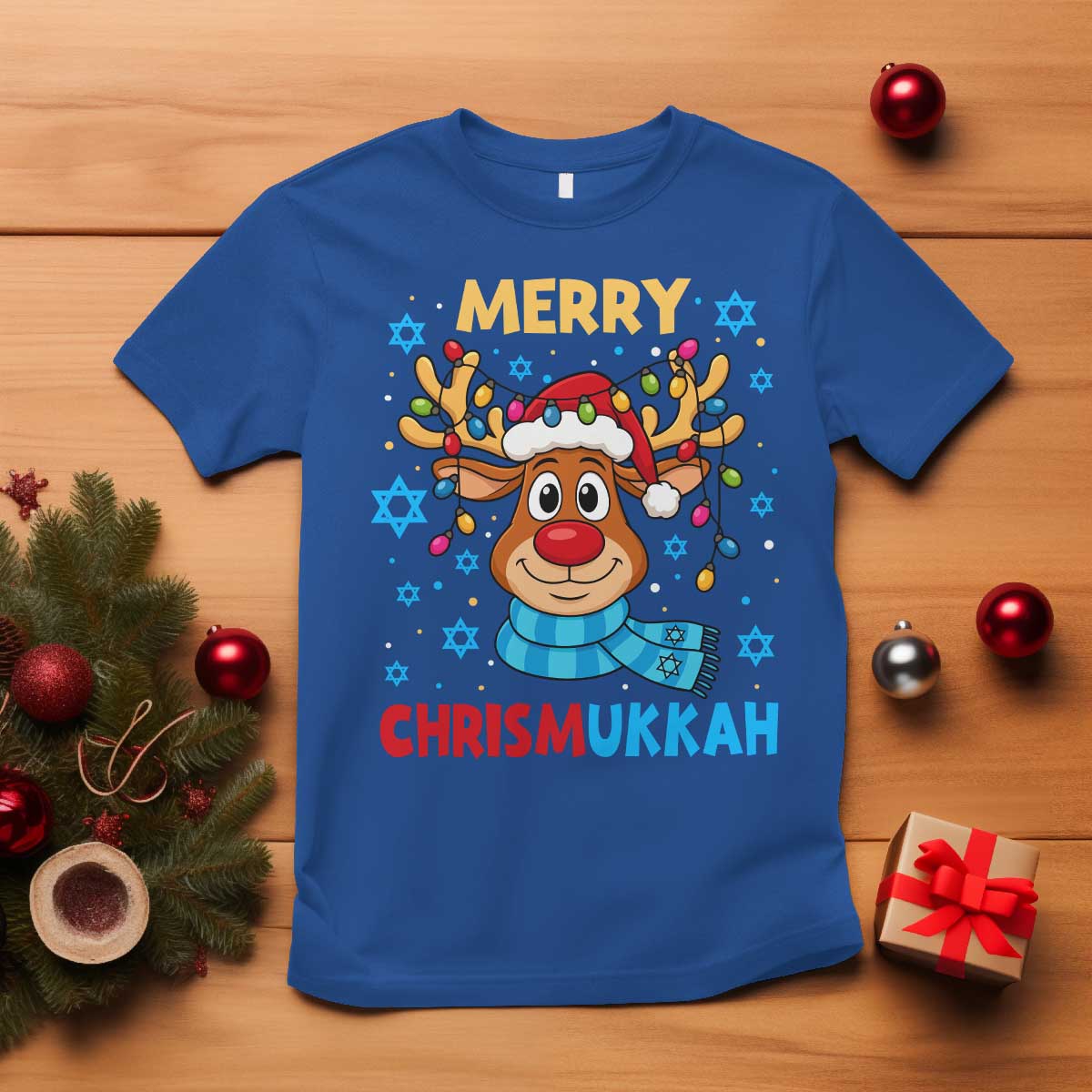 Merry Chrismukkah T Shirt Jewish Happy Christmas Hanukkah Reindeer Menorah - Wonder Print Shop