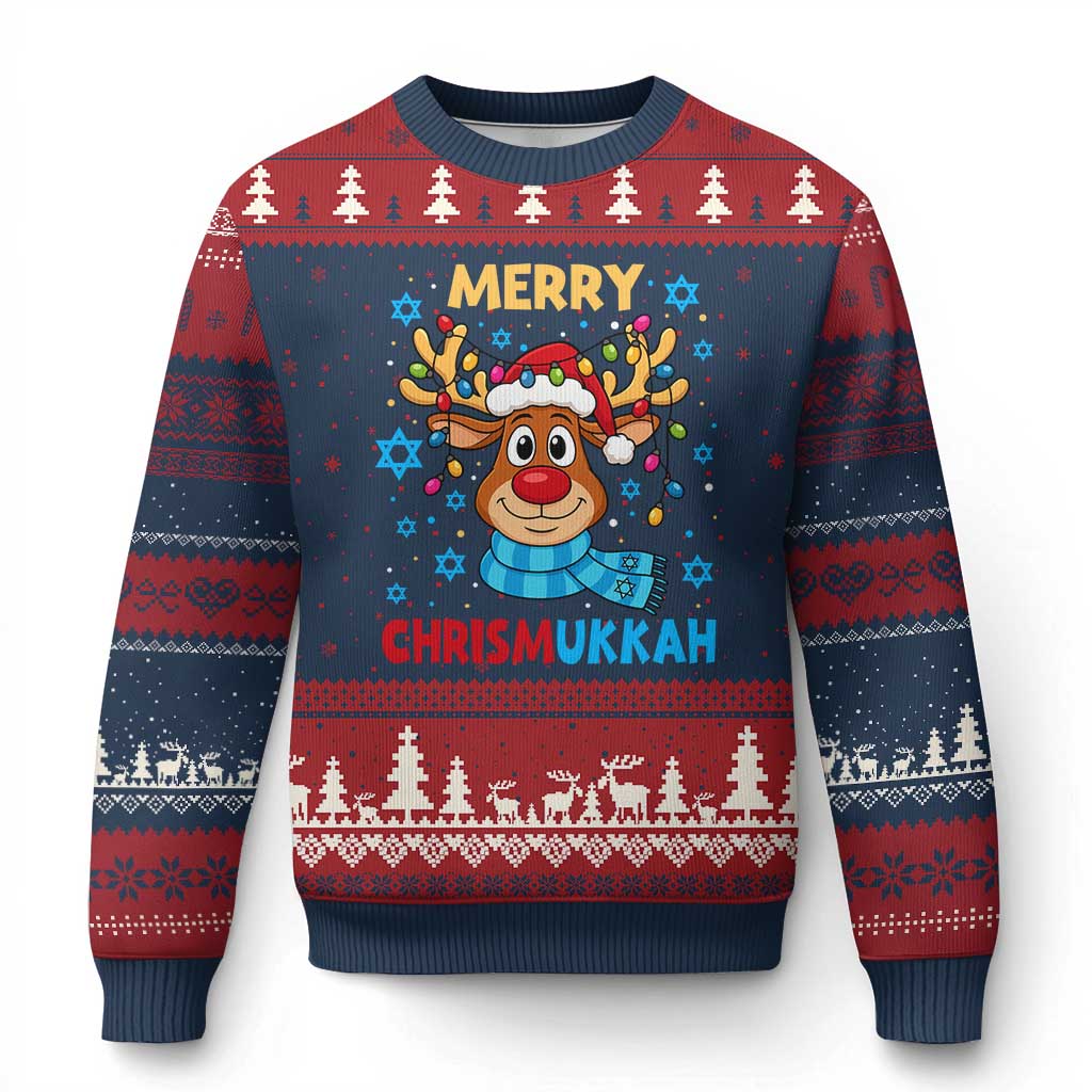 Merry Chrismukkah Ugly Christmas Sweater Jewish Happy Xmas Hanukkah Reindeer Menorah - Wonder Print Shop