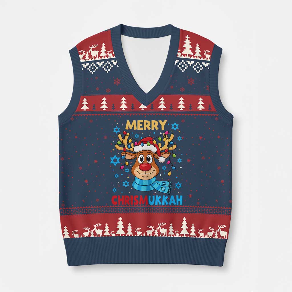 Merry Chrismukkah V-Neck Knit Sweater Vest Jewish Happy Xmas Hanukkah Reindeer Menorah - Wonder Print Shop