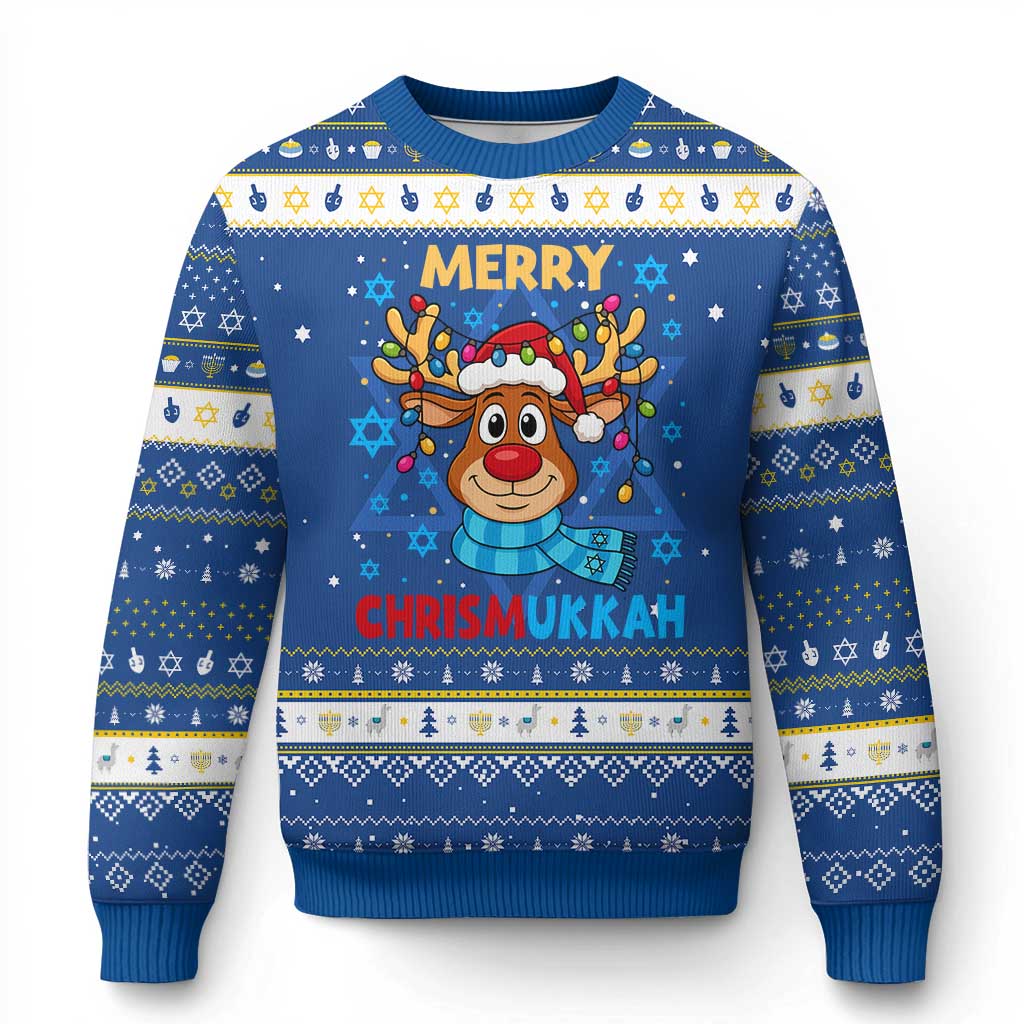 Merry Chrismukkah Hanukkah Ugly Sweater Jewish Happy Christmas Hanukkah Reindeer Menorah - Wonder Print Shop