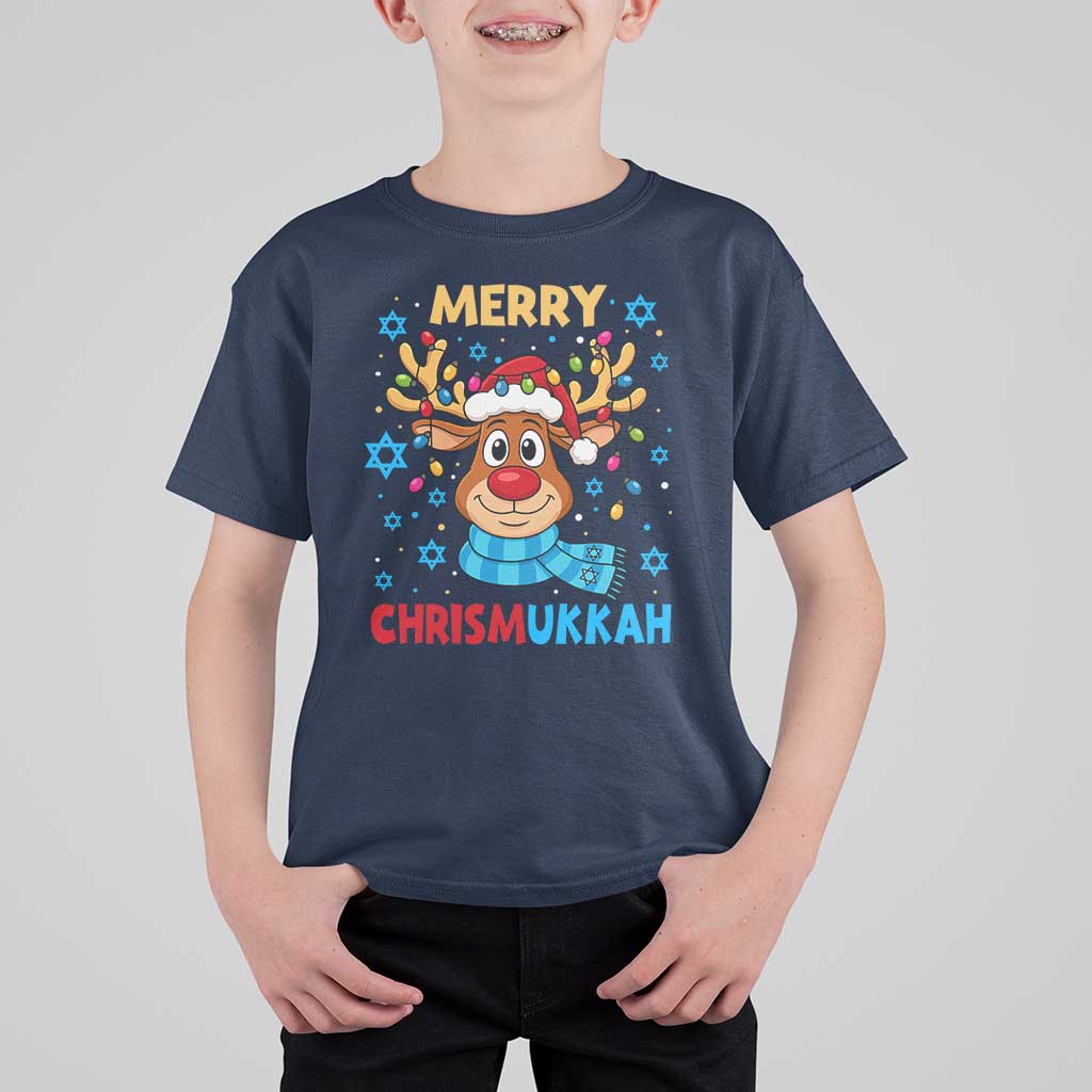 Merry Chrismukkah T Shirt For Kid Jewish Happy Christmas Hanukkah Reindeer Menorah - Wonder Print Shop