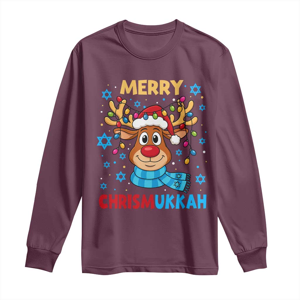 Merry Chrismukkah Long Sleeve Shirt Jewish Happy Christmas Hanukkah Reindeer Menorah - Wonder Print Shop