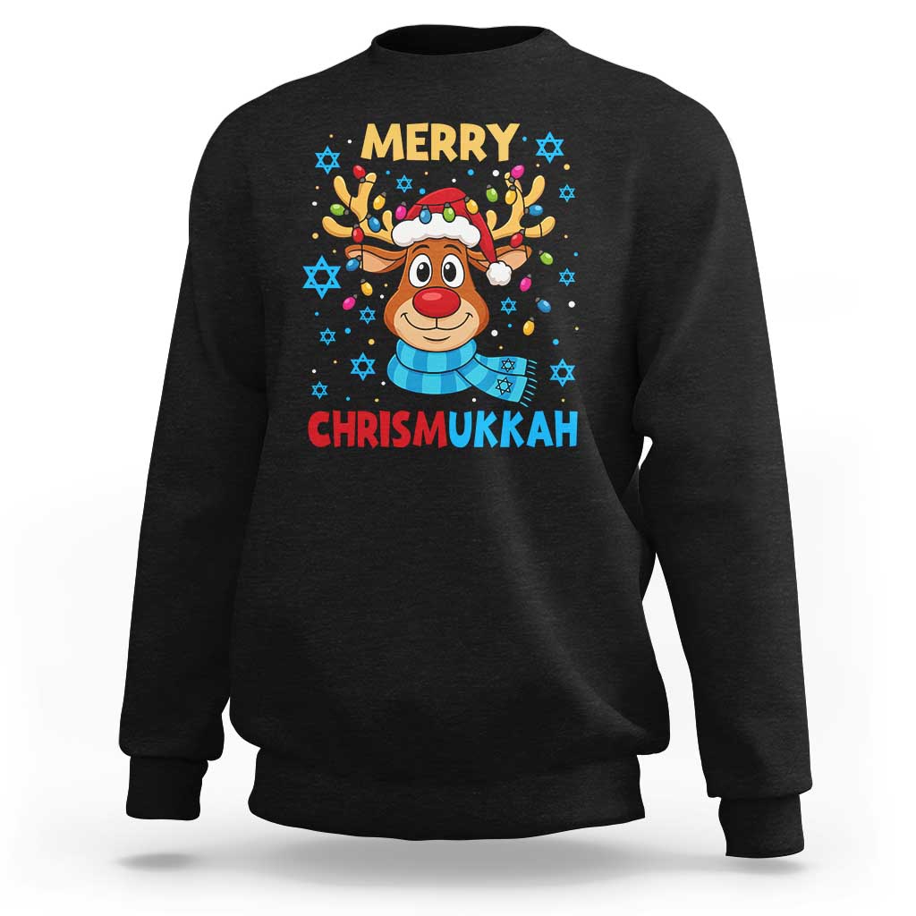 Merry Chrismukkah Sweatshirt Jewish Happy Christmas Hanukkah Reindeer Menorah - Wonder Print Shop