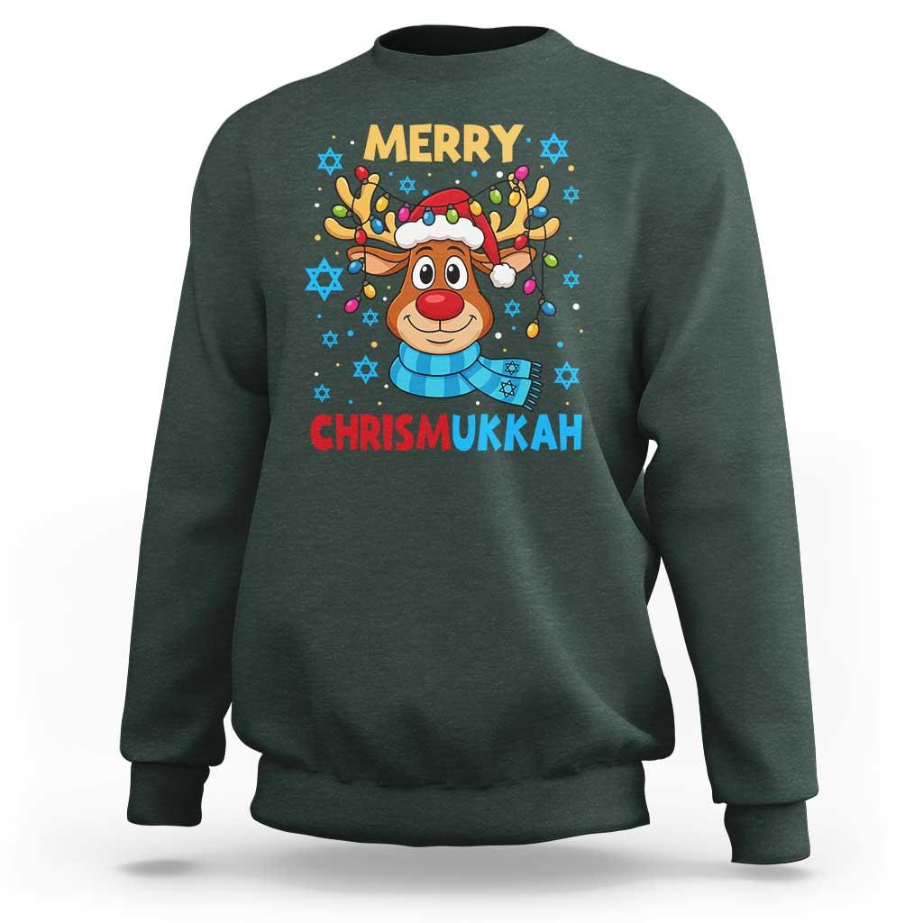 Merry Chrismukkah Sweatshirt Jewish Happy Christmas Hanukkah Reindeer Menorah - Wonder Print Shop