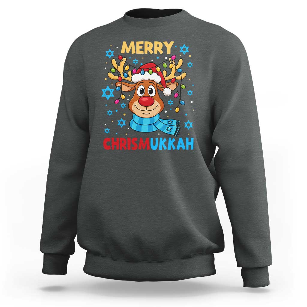 Merry Chrismukkah Sweatshirt Jewish Happy Christmas Hanukkah Reindeer Menorah - Wonder Print Shop