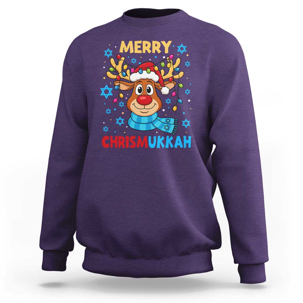 Merry Chrismukkah Sweatshirt Jewish Happy Christmas Hanukkah Reindeer Menorah - Wonder Print Shop