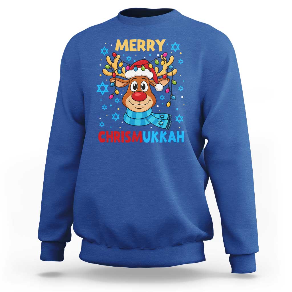 Merry Chrismukkah Sweatshirt Jewish Happy Christmas Hanukkah Reindeer Menorah - Wonder Print Shop