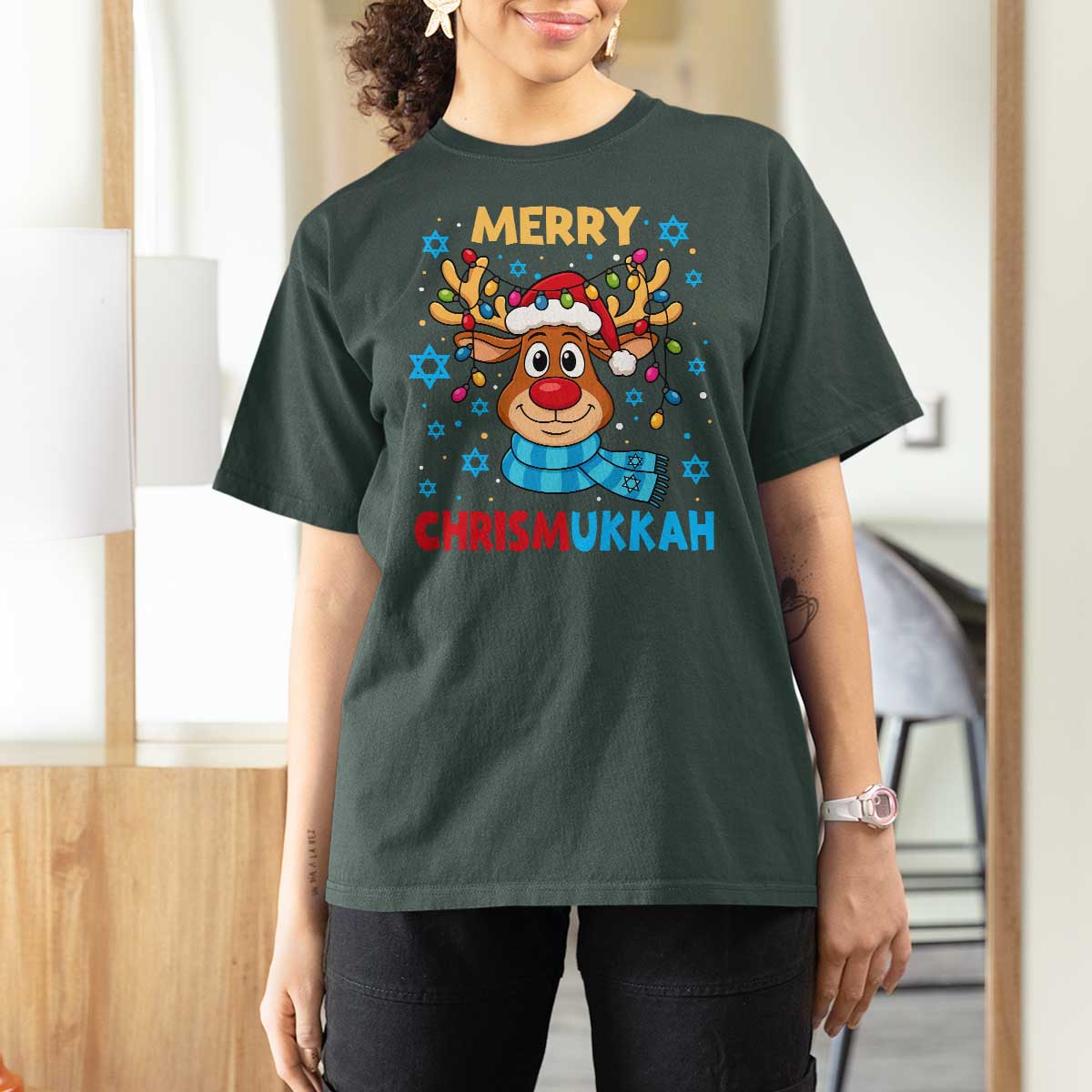 Merry Chrismukkah T Shirt For Women Jewish Happy Christmas Hanukkah Reindeer Menorah - Wonder Print Shop