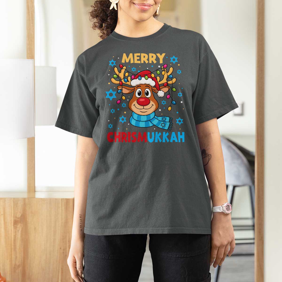 Merry Chrismukkah T Shirt For Women Jewish Happy Christmas Hanukkah Reindeer Menorah - Wonder Print Shop