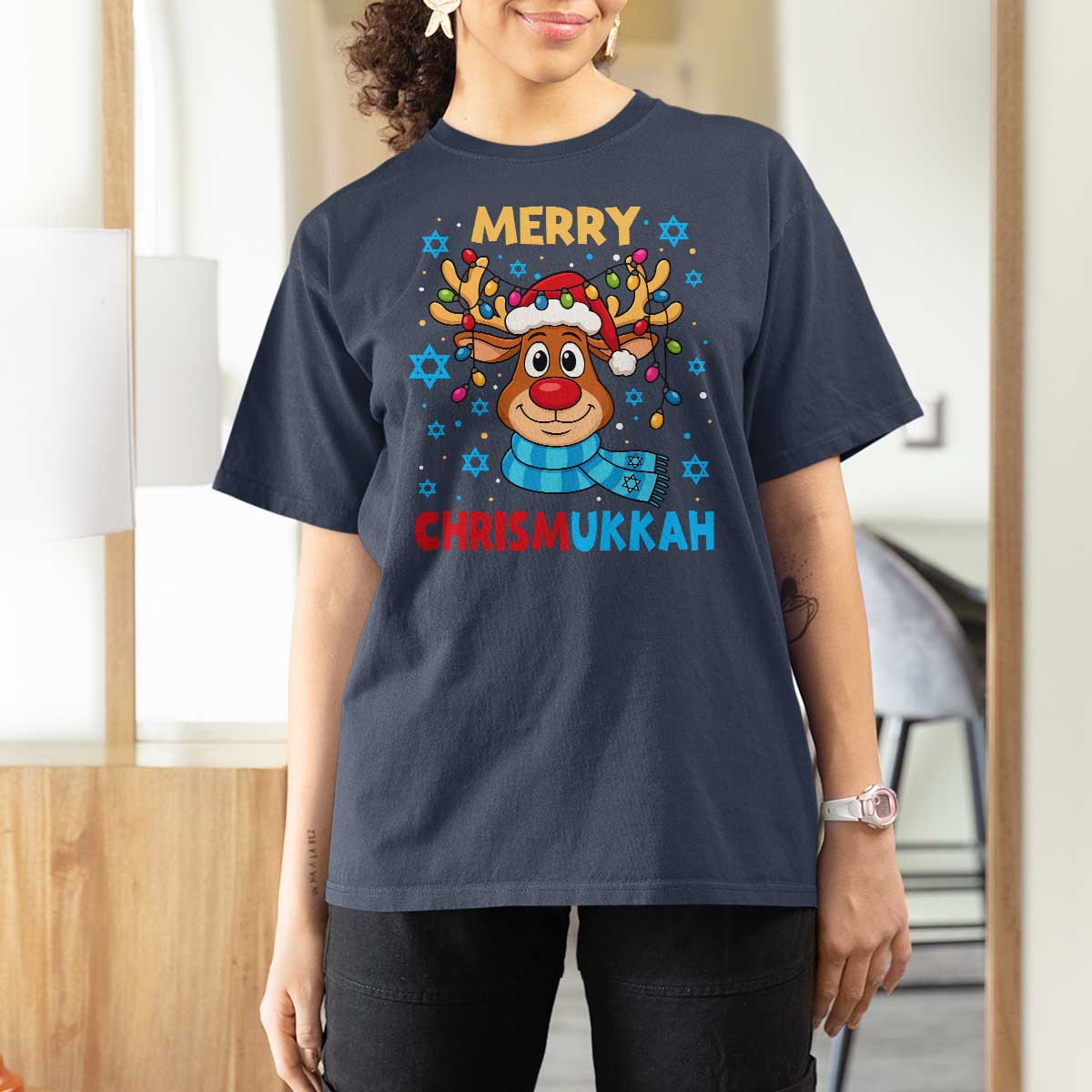Merry Chrismukkah T Shirt For Women Jewish Happy Christmas Hanukkah Reindeer Menorah - Wonder Print Shop