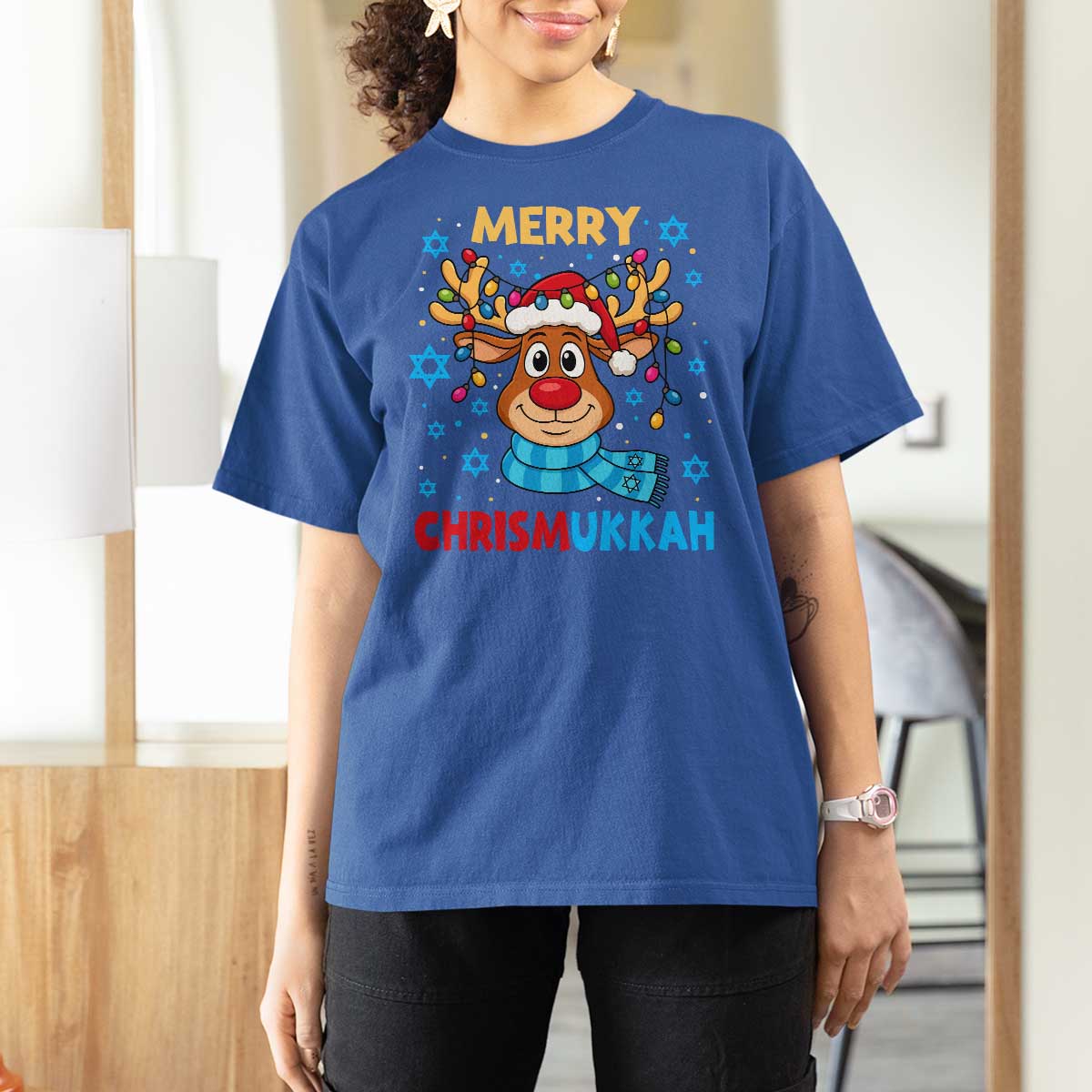 Merry Chrismukkah T Shirt For Women Jewish Happy Christmas Hanukkah Reindeer Menorah - Wonder Print Shop
