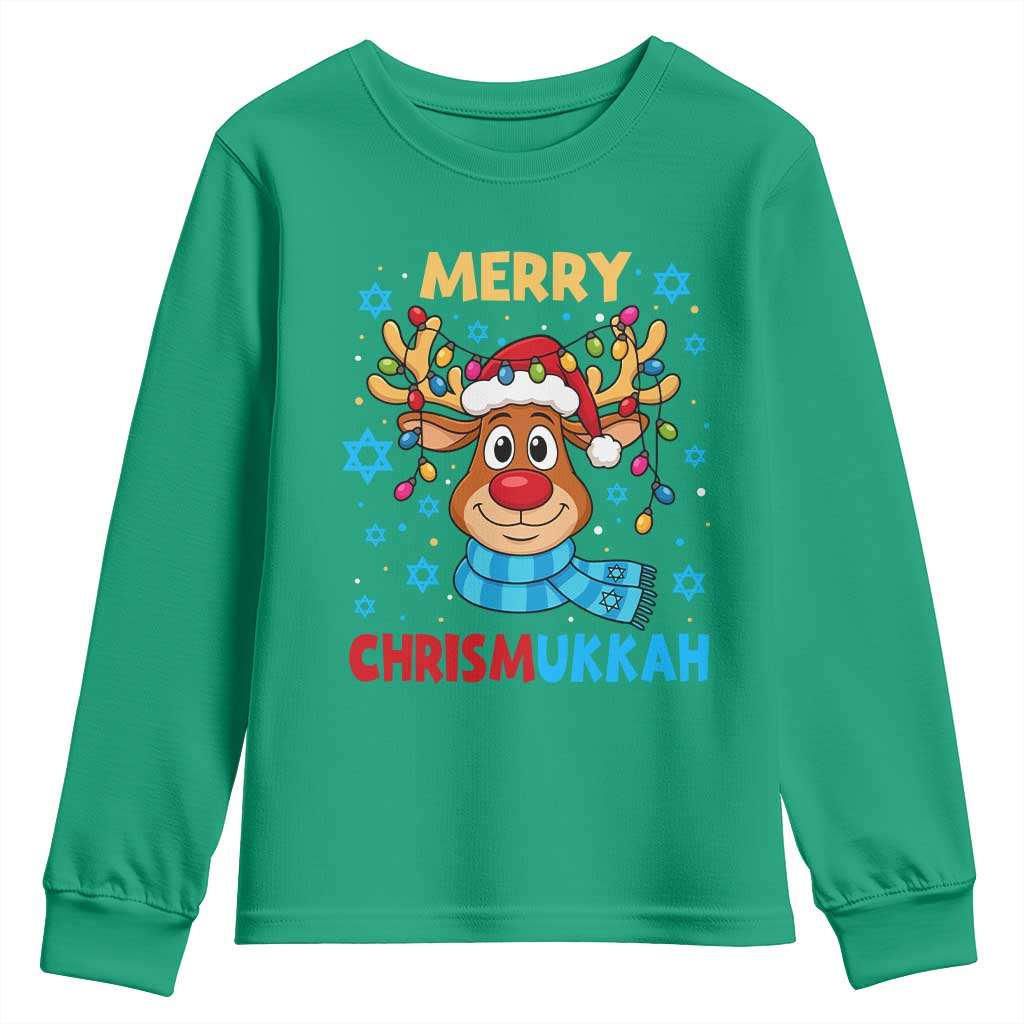 Merry Chrismukkah Youth Sweatshirt Jewish Happy Christmas Hanukkah Reindeer Menorah - Wonder Print Shop