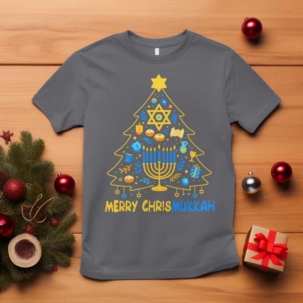 Merry Chrismukkah T Shirt Jewish Happy Hanukkah Christmas Tree - Wonder Print Shop