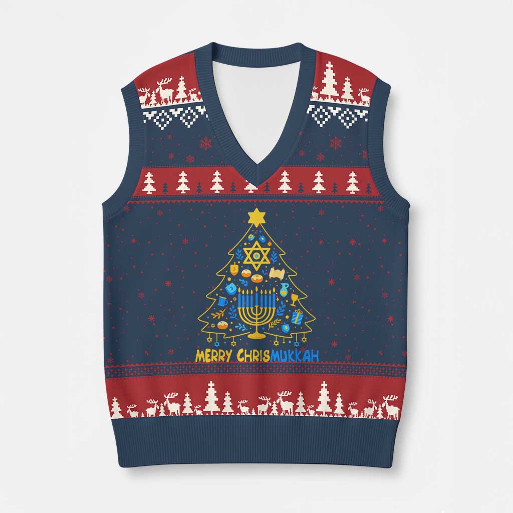 Merry Chrismukkah V-Neck Knit Sweater Vest Jewish Happy Hanukkah Xmas Tree - Wonder Print Shop