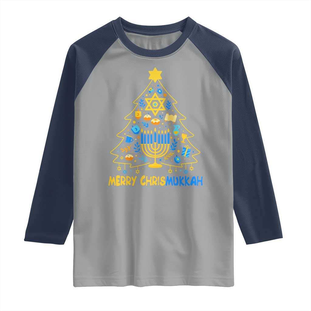 Merry Chrismukkah Raglan Shirt Jewish Happy Hanukkah Christmas Tree - Wonder Print Shop