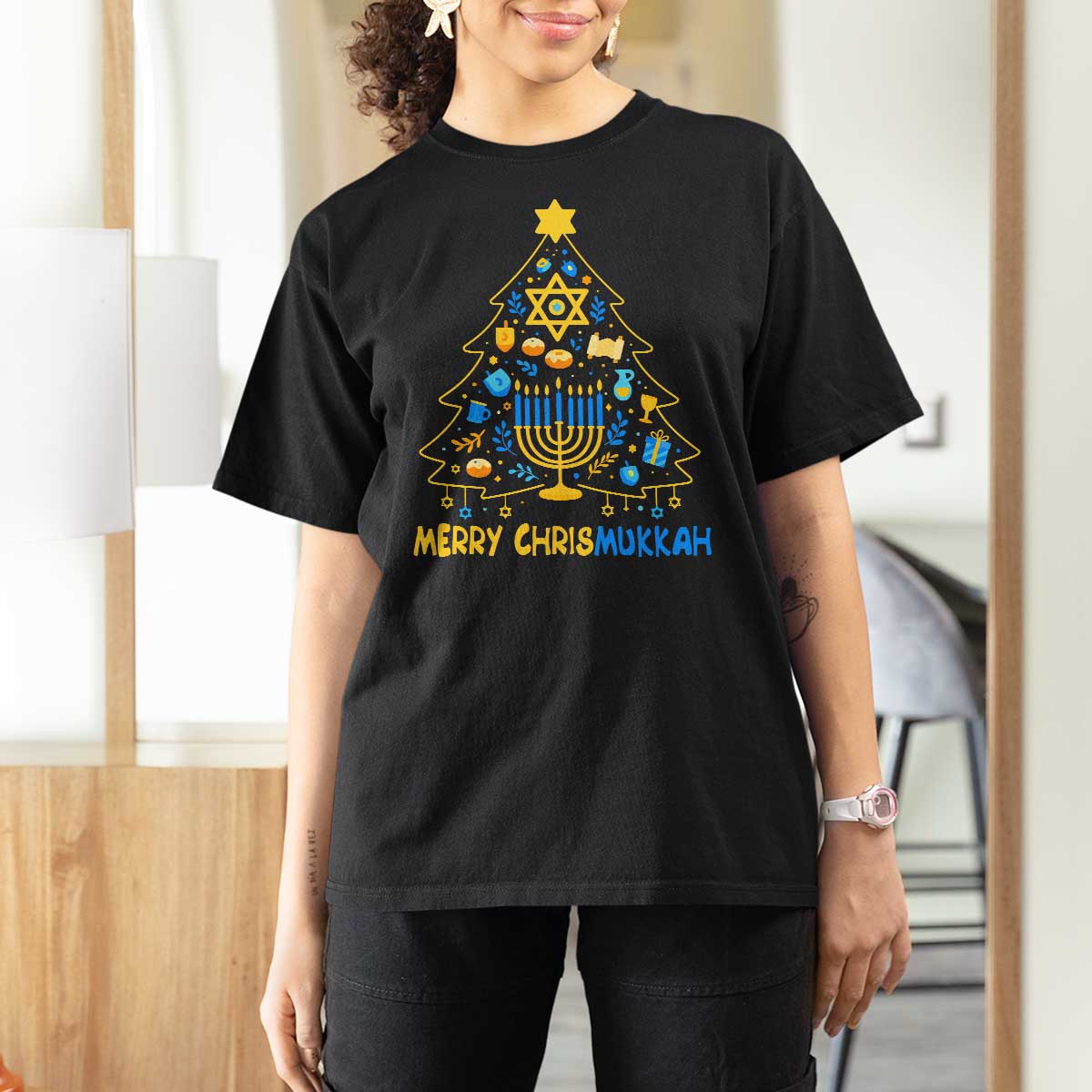 Merry Chrismukkah T Shirt For Women Jewish Happy Hanukkah Christmas Tree - Wonder Print Shop