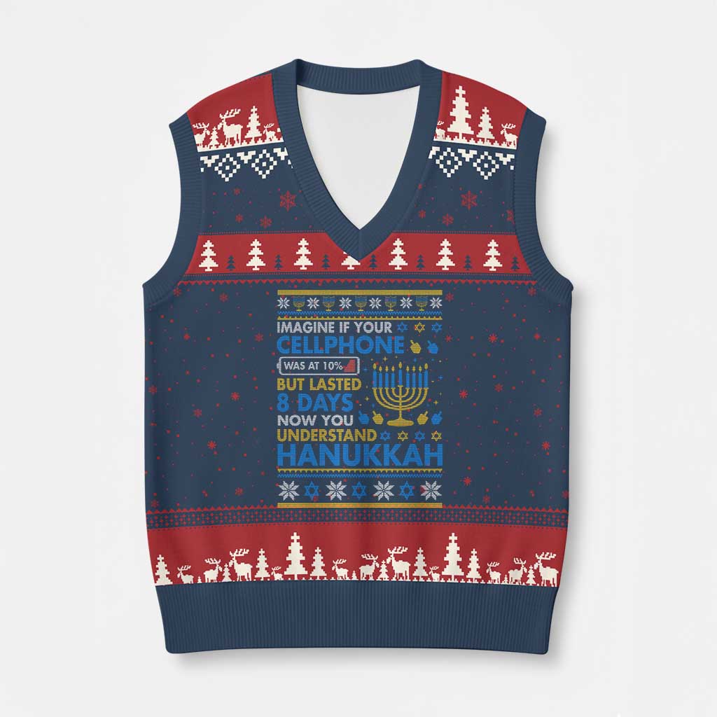 Funny Ugly Hanukkah V-Neck Knit Sweater Vest Imagine Your Cellphone Chanukah Jewish - Wonder Print Shop