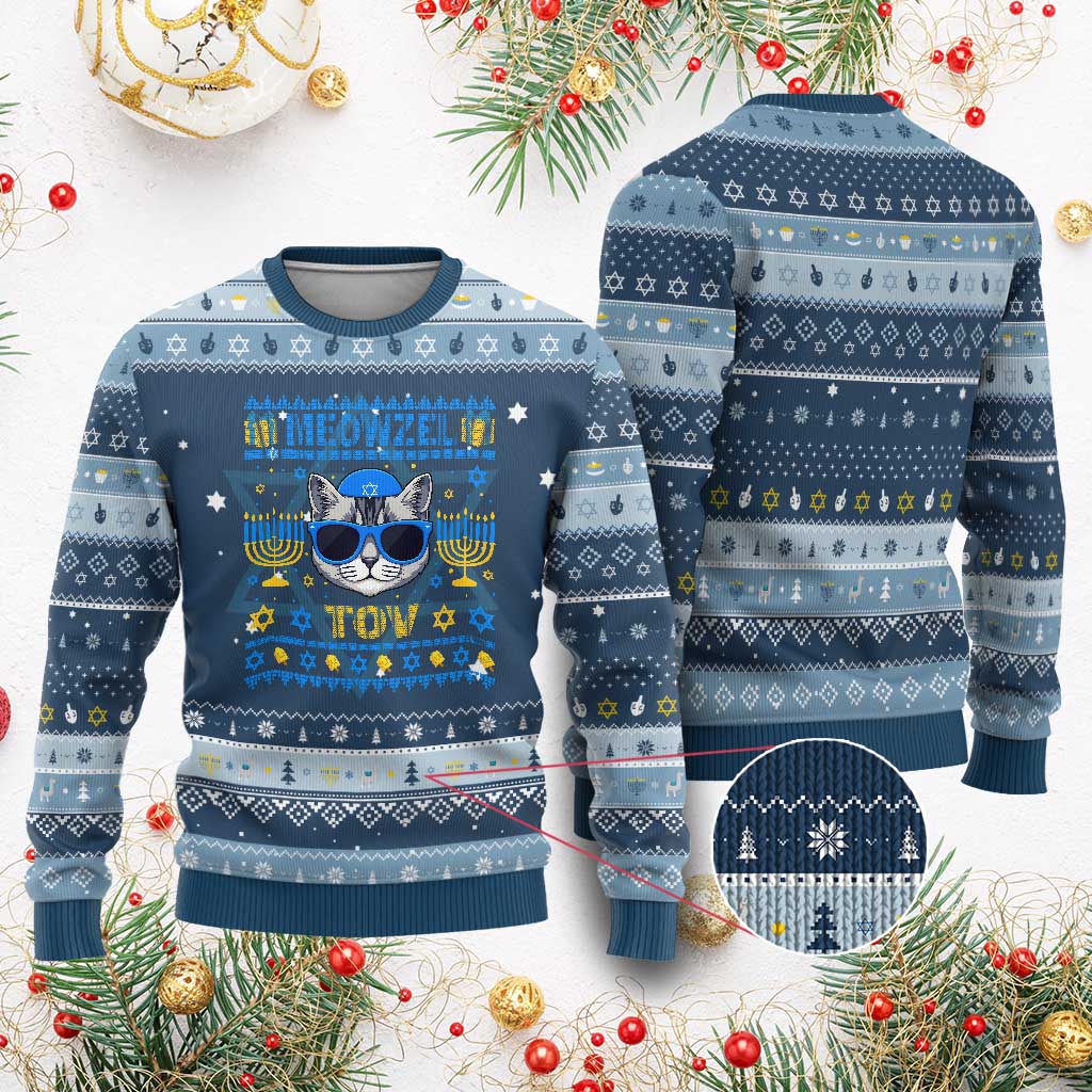Cat Hanukkah Hanukkah Ugly Sweater Meowzel Tov Jewish Cat Owner Ugly Chanukah - Wonder Print Shop