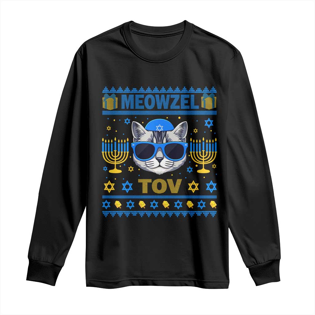 Cat Hanukkah Long Sleeve Shirt Meowzel Tov Jewish Cat Owner Ugly Chanukah - Wonder Print Shop
